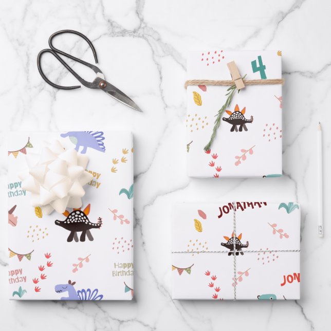 Baby Boy Dinosaur Personalized Name & Age birthday Wrapping Paper Sheets (Front)