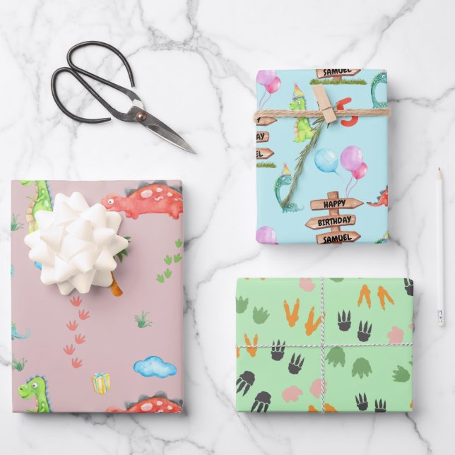 Baby Boy Dinosaur Personalized Name & Age birthday Wrapping Paper Sheets (Front)