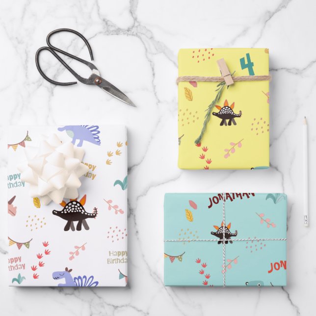Baby Boy Dinosaur Personalized Name & Age birthday Wrapping Paper Sheets (Front)