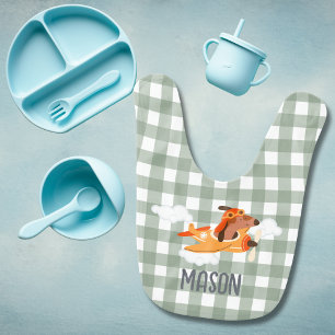 Baby Boy Dog Pilot Airplane Cloud Green Plaid Name Bib