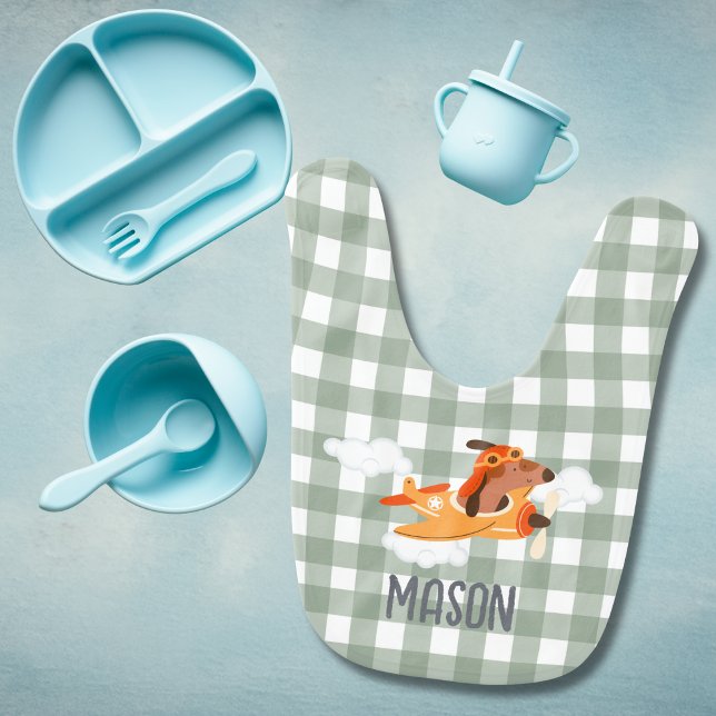 Baby Boy Dog Pilot Airplane Cloud Green Plaid Name Bib (Creator Uploaded)