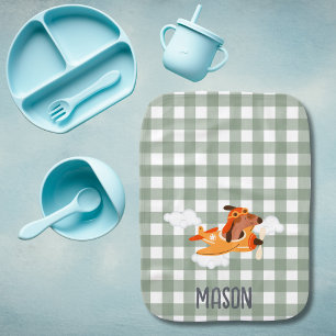 Baby Boy Dog Pilot Airplane Cloud Green Plaid Name Burp Cloth