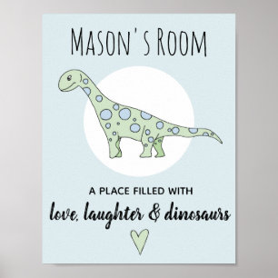 Baby Boy Doodle Green Dinosaur and Name Nursery Poster