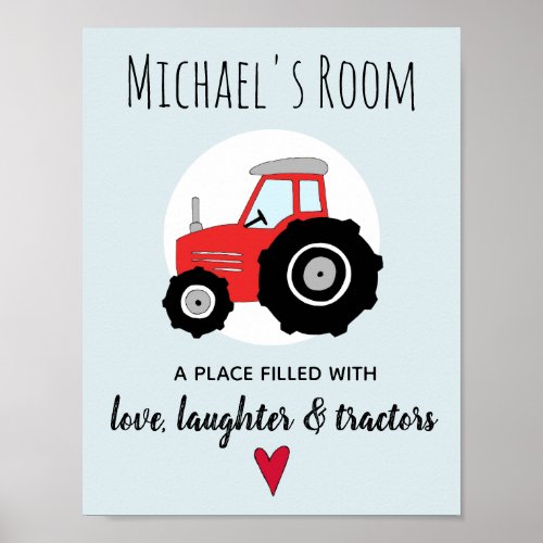 Baby Boy Doodle Red Farm Tractor and Name Nursery Poster