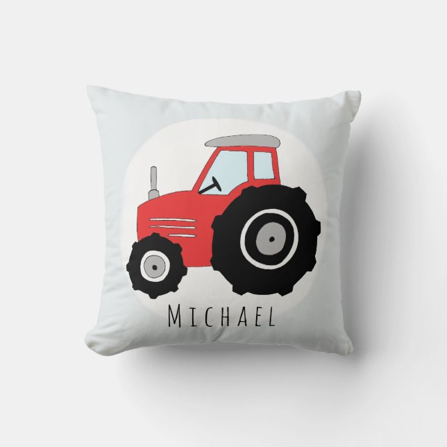 Baby Boy Doodle Red Tractor with Name Nursery Throw Pillow (Front)