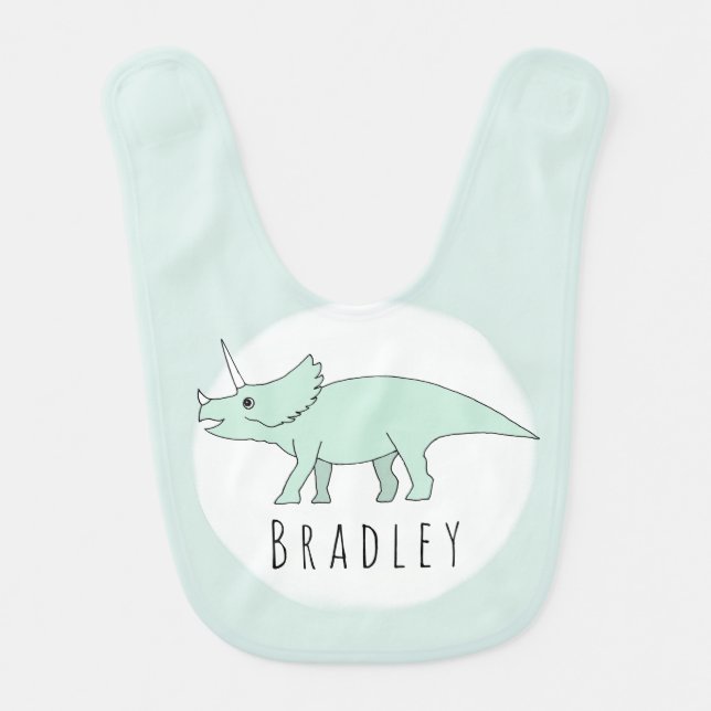 Baby Boy Doodle Triceratops Dinosaur with Name Baby Bib (Front)