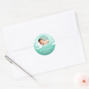 Baby Boy Dove Baptism Announcement Blue Teal Classic Round Sticker