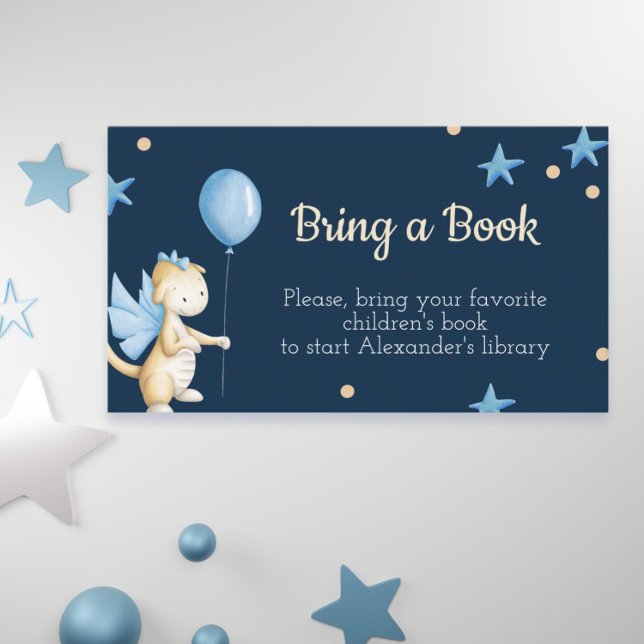 Baby Boy Dragon with Balloon Bring a Book ticket Enclosure Card (Cute dragon baby shower bring a book card)