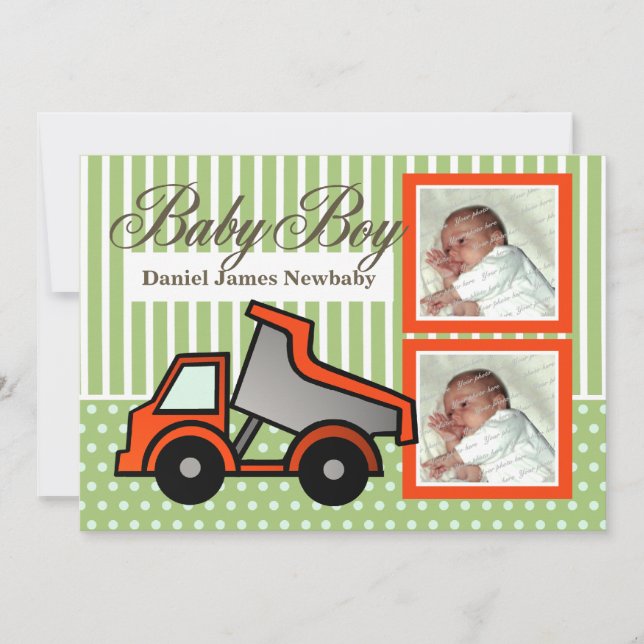 Baby Boy Dump Truck Photo Announcement (Front)