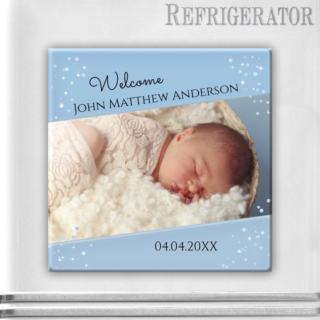 Baby Boy Dusty Blue Sparkling Photo Magnet (Elegant photo frame magnet featuring your own baby photo framed by a dusty blue sparkly design)