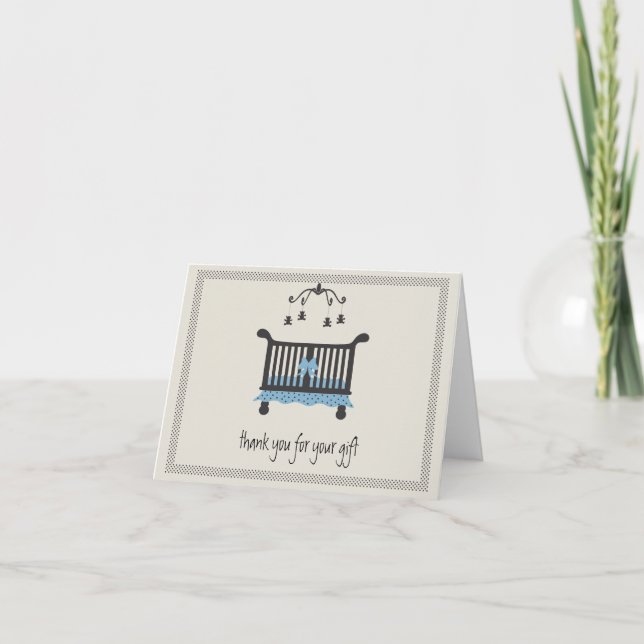 Baby Boy Elegant Crib Blue and Black Thank You Card (Front)