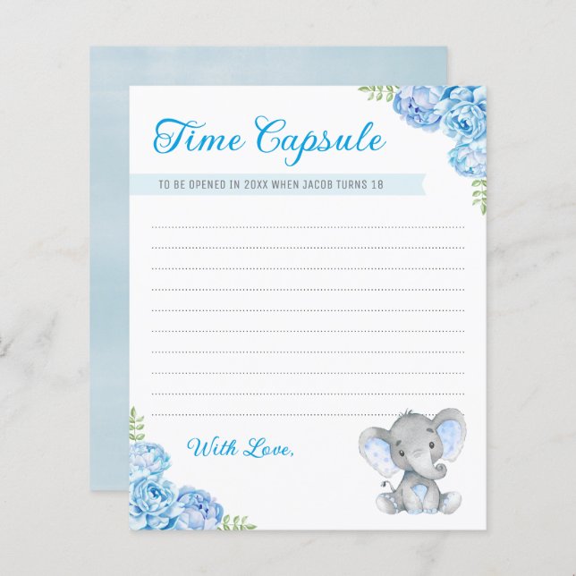Baby Boy Elephant 1st Birthday Time Capsule Cards (Front/Back)