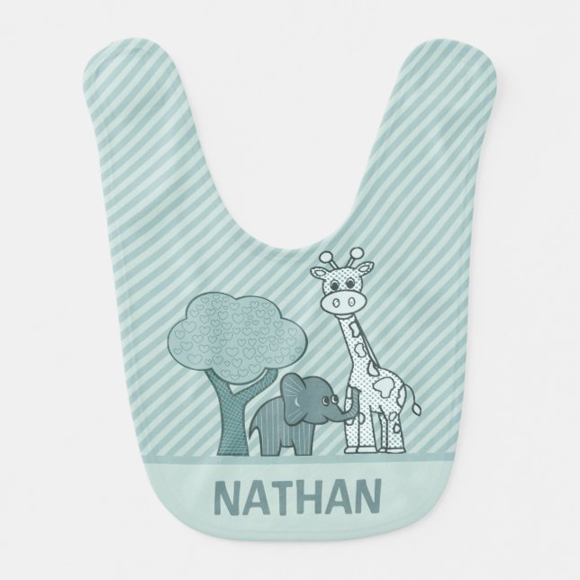 Baby Boy Elephant and Giraffe Personalised Baby Bib (Front)