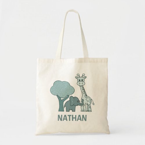 Baby Boy Elephant and Giraffe Personalised Tote Bag