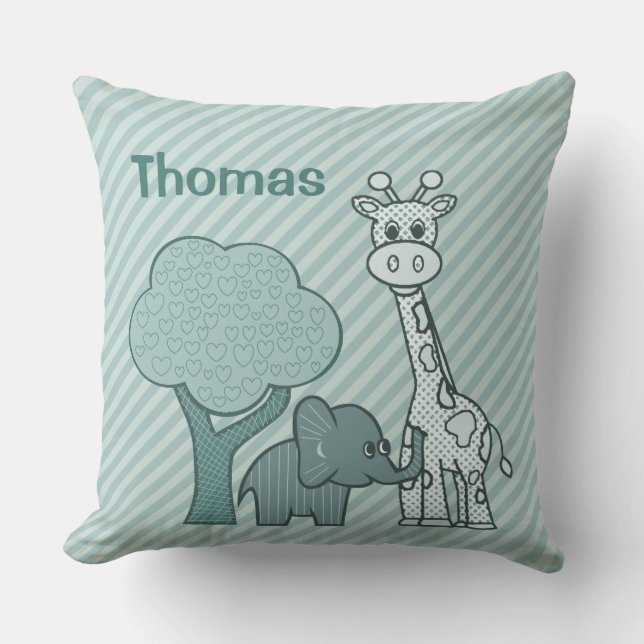 Baby Boy Elephant and Giraffe Throw Pillow (Front)