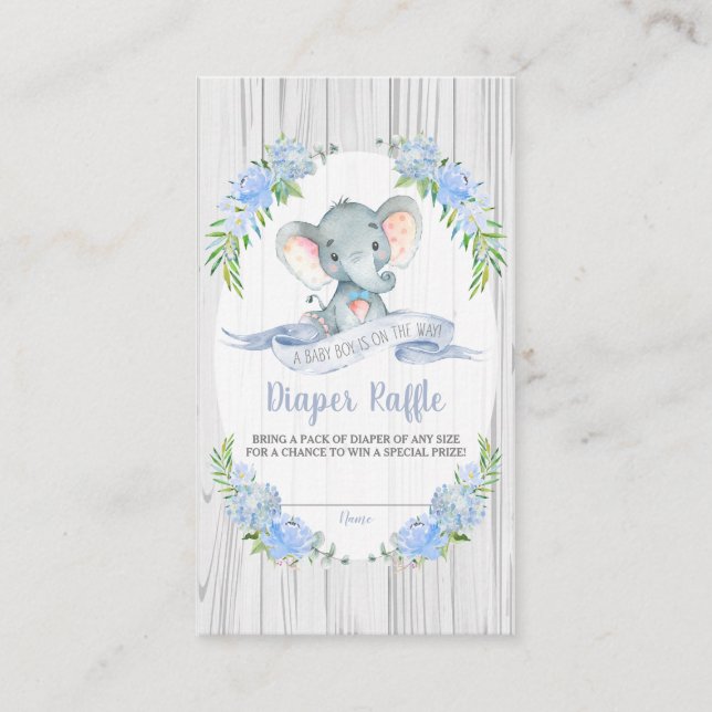 Baby Boy Elephant Baby Shower Diaper Raffle Enclosure Card (Front)