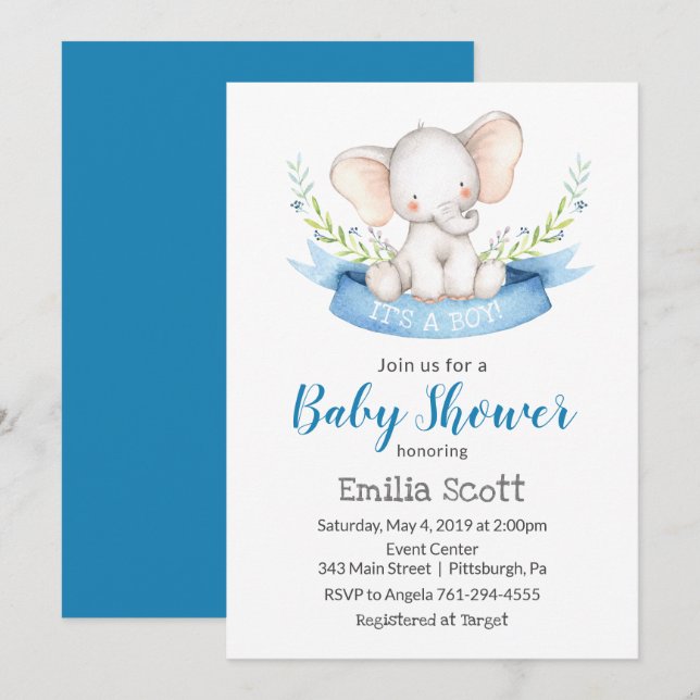 Baby Boy Elephant Baby Shower Invitations (Front/Back)