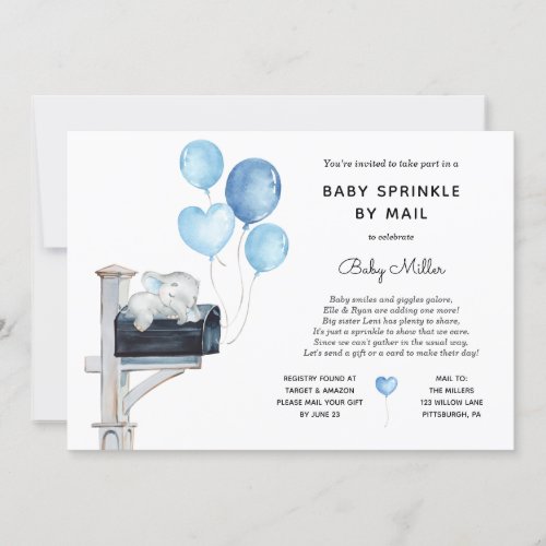 Baby Boy Elephant Baby Sprinkle by Mail Invitation