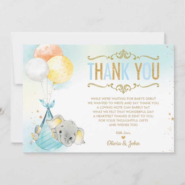 Baby Boy Elephant Balloons Baby Shower Sprinkle Thank You Card (Front)