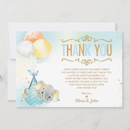 Baby Boy Elephant Balloons Baby Shower Sprinkle Thank You Card