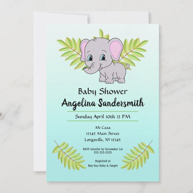 Baby Boy Elephant Blue Ombre Cute Baby Shower Invitation (Front)