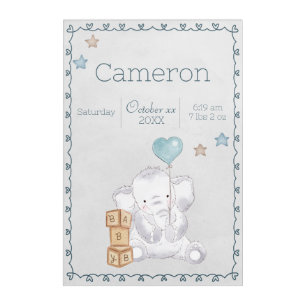 Baby Boy Elephant Custom Name and Birth Details Acrylic Print