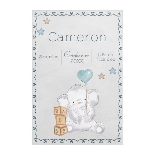  Baby Boy Elephant Custom Name and Birth Details Acrylic Print