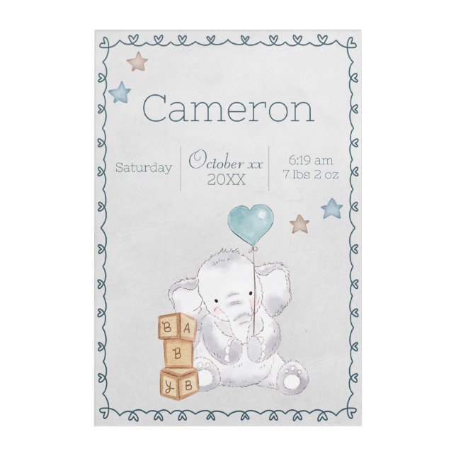  Baby Boy Elephant Custom Name and Birth Details Acrylic Print (Front)