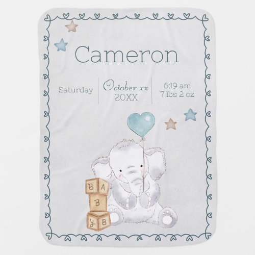  Baby Boy Elephant Custom Name and Birth Details Baby Blanket