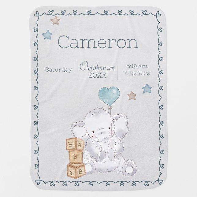  Baby Boy Elephant Custom Name and Birth Details Baby Blanket (Front)