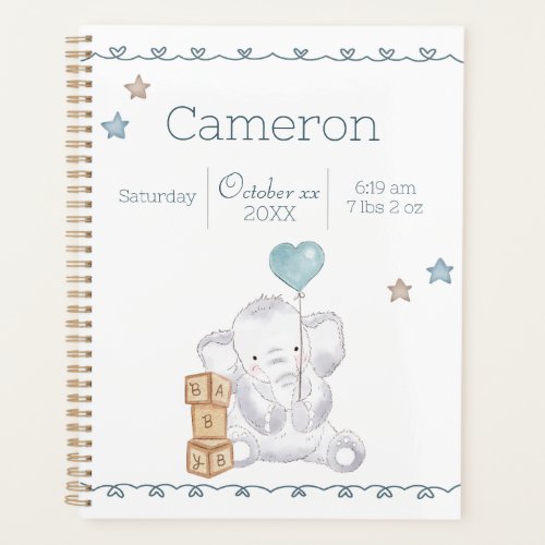 Baby Boy Elephant Custom Name and Birth Details Planner