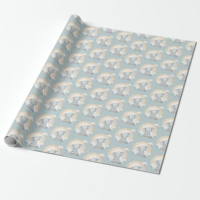 Baby Boy Elephant Customizable Wrapping Paper (Unrolled)