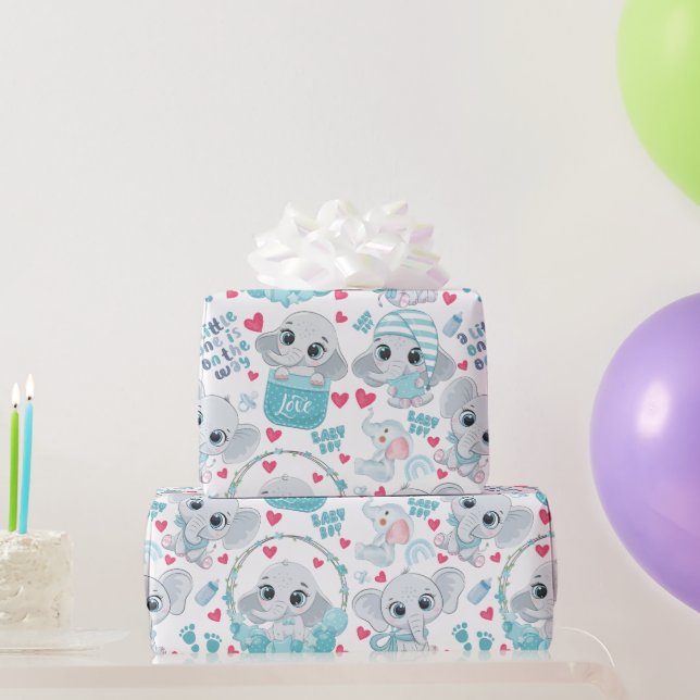 Baby Boy Elephant Cute Blue Baby Shower Baptism  Wrapping Paper (Party Gifts)