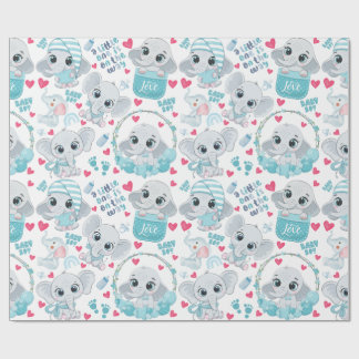 Baby Boy Elephant Cute Blue Baby Shower Baptism  Wrapping Paper