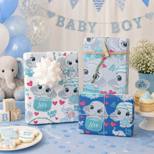 Baby Boy Elephant Cute Blue Baby Shower Baptism Wrapping Paper Sheets