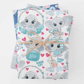 Baby Boy Elephant Cute Blue Baby Shower Baptism  Wrapping Paper Sheets
