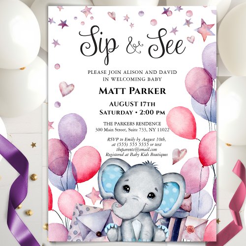 Baby Boy Elephant Festive Blue Balloon SIP AND SEE Invitation