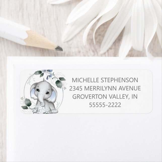 Baby Boy Elephant Greenery Return Address Label (Insitu)