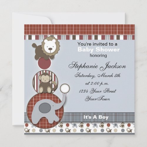 Baby Boy Elephant,Monkey and Lion Baby Shower Invi Invites