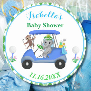 Baby Boy Elephant & Monkey Golf Baby Shower Return Classic Round Sticker