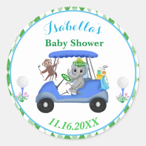 Baby Boy Elephant  Monkey Golf Baby Shower Return Classic Round Sticker