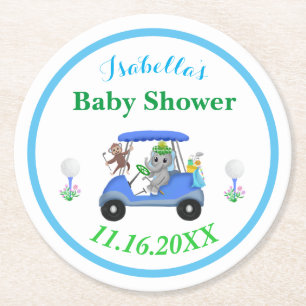 Baby Boy Elephant & Monkey Golf Baby Shower Return Round Paper Coaster