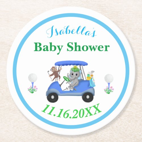 Baby Boy Elephant  Monkey Golf Baby Shower Return Round Paper Coaster