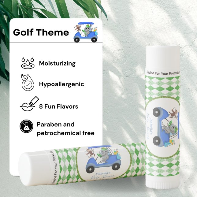 Baby Boy Elephant & Monkey Golf Shower Lip Balm (Check out the amazing flavors to this great lip balm party favor!)