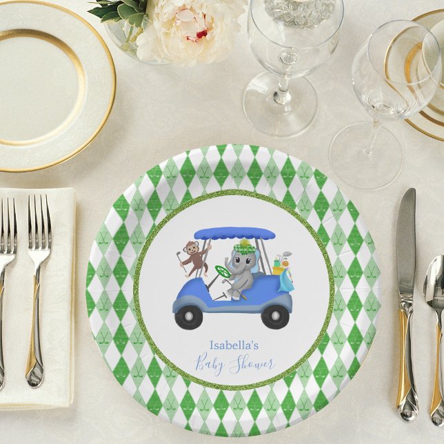 Baby Boy Elephant & Monkey Golf Shower Paper Plates (Creator Uploaded)