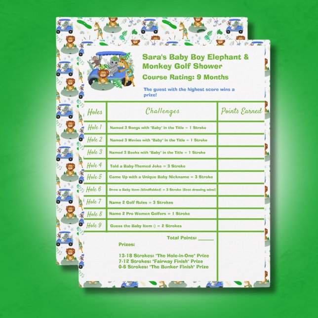 Baby Boy Elephant & Monkey Golf Shower Score Card (Creator Uploaded)