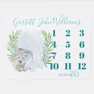 Baby Boy Elephant Monthly Milestone With Name Baby Blanket
