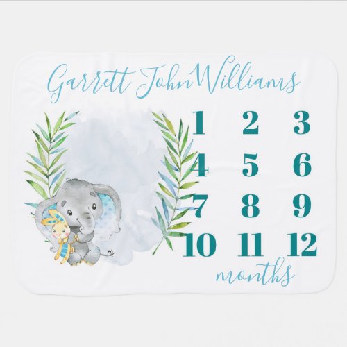 Baby Boy Elephant Monthly Milestone With Name Baby Blanket