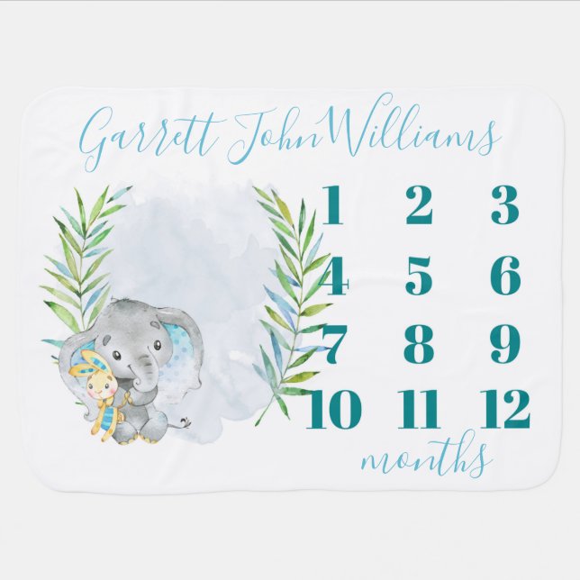 Baby Boy Elephant Monthly Milestone With Name Blanket (Horizontal)