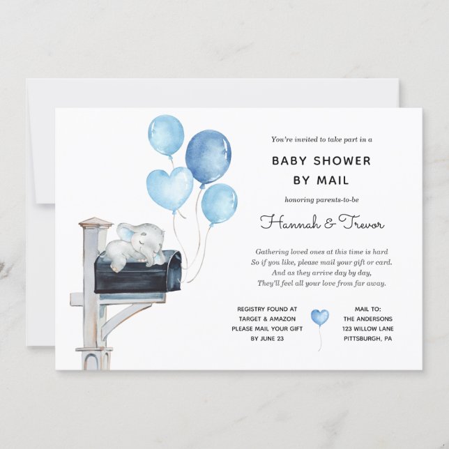 Baby Boy Elephant on Mailbox Shower by Mail Invitation (Front)